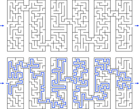 Vector labyrinth composed of 6 connected vertical rectangular mazes. Black and white riddle with entry and exit. Find the way through labyrinth puzzle. Medium level difficulty game for childrens and a