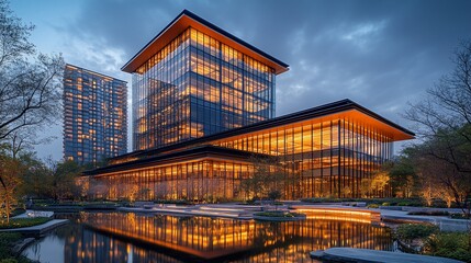 Obraz premium Modern Glass Building Illuminated at Dusk Reflecting in Water