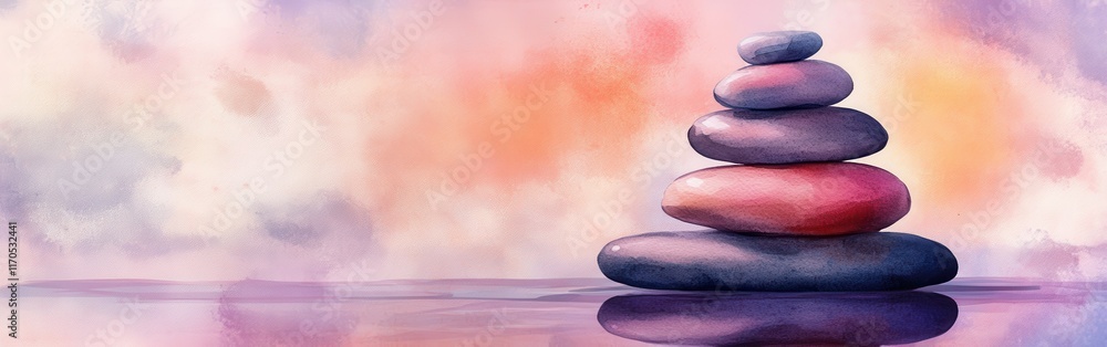 Poster close-up of balanced stones arranged in a serene watercolor background depicting calm and tranquilit