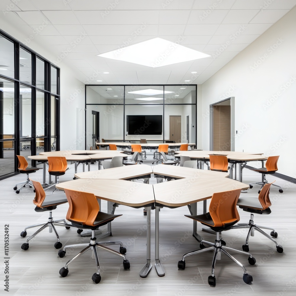 Poster innovative classroom design featuring geometric fishbowl setup with middle circle and outer square m