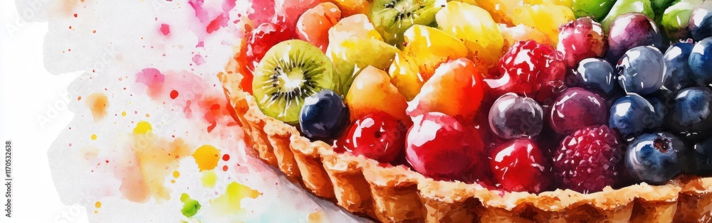 Aufkleber close-up view of a vibrant fruit tart with a watercolor background showcasing colorful fruits and a 