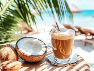 A refreshing glass of coconut coffee on a sunny beach table, surrounded by palm leaves and summer props, evoking a relaxing tropical vibe