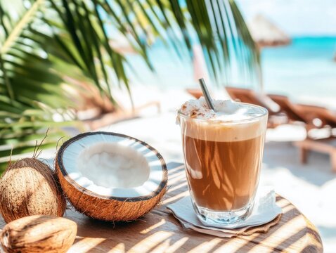 A refreshing glass of coconut coffee on a sunny beach table, surrounded by palm leaves and summer props, evoking a relaxing tropical vibe