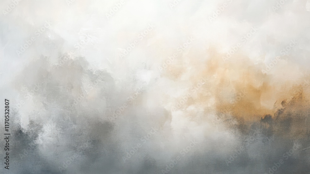 Poster soft pastel gray and amber mist enveloping a tranquil landscape at sunrise, creating a serene atmosp