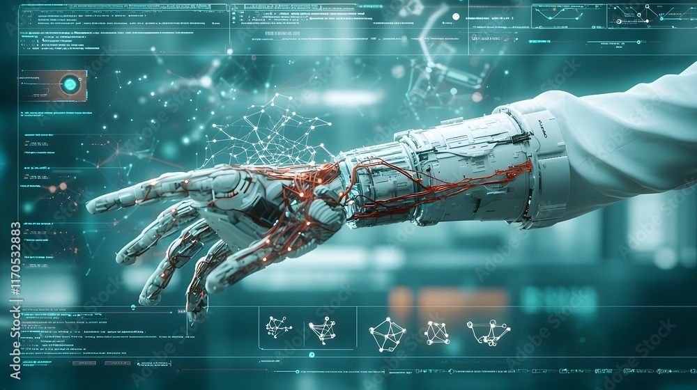 Poster Quantum Computing Interface Visualizing the Mechanics of Bionic Arms with Interactive 3D Models and Neural Connections Leaving Copy Space at the Top for Text or Overlay