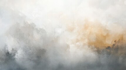 Soft pastel gray and amber mist enveloping a tranquil landscape at sunrise, creating a serene atmosphere for reflection