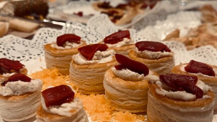 Close-up of Cod Canapés with Peppers on a Tray – Appetizers.