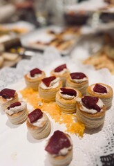 Close-up of Cod Canapés with Peppers on a Tray – Appetizers.