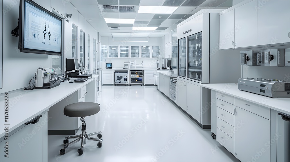 Poster sleek futuristic laboratory setting where quantum computing technology is used to optimize and simul