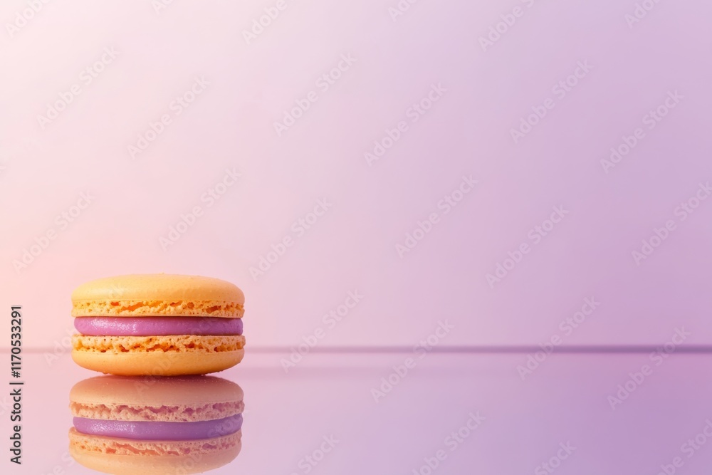 Poster a close-up of a colorful macaron floats above a reflective glass surface, showcasing its vibrant col