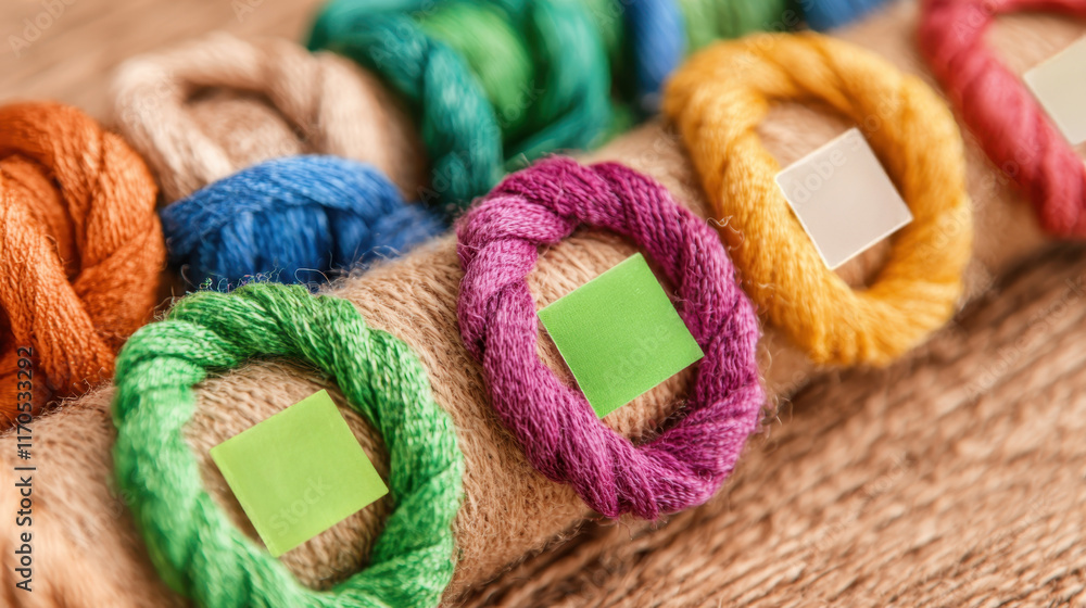 Poster esg environment waste awareness concept. a vibrant display of colorful yarn threads arranged in loop