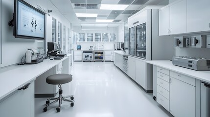 Sleek futuristic laboratory setting where quantum computing technology is used to optimize and simulate the movement and stress analysis of prosthetic joints leaving copy space on the left