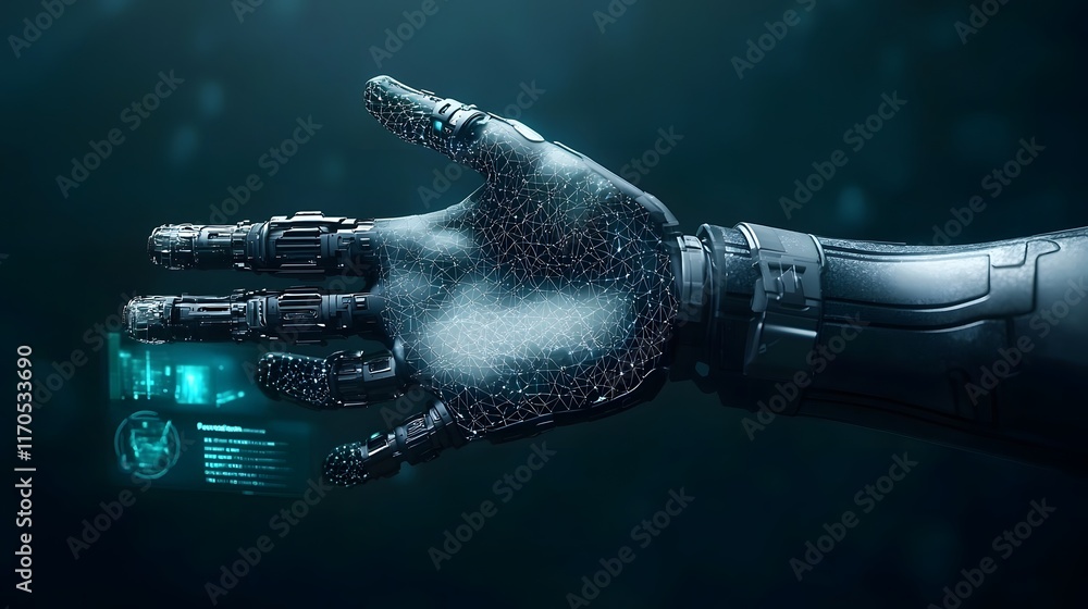 Poster futuristic virtual twin of an advanced prosthetic hand designed using quantum algorithms featuring h