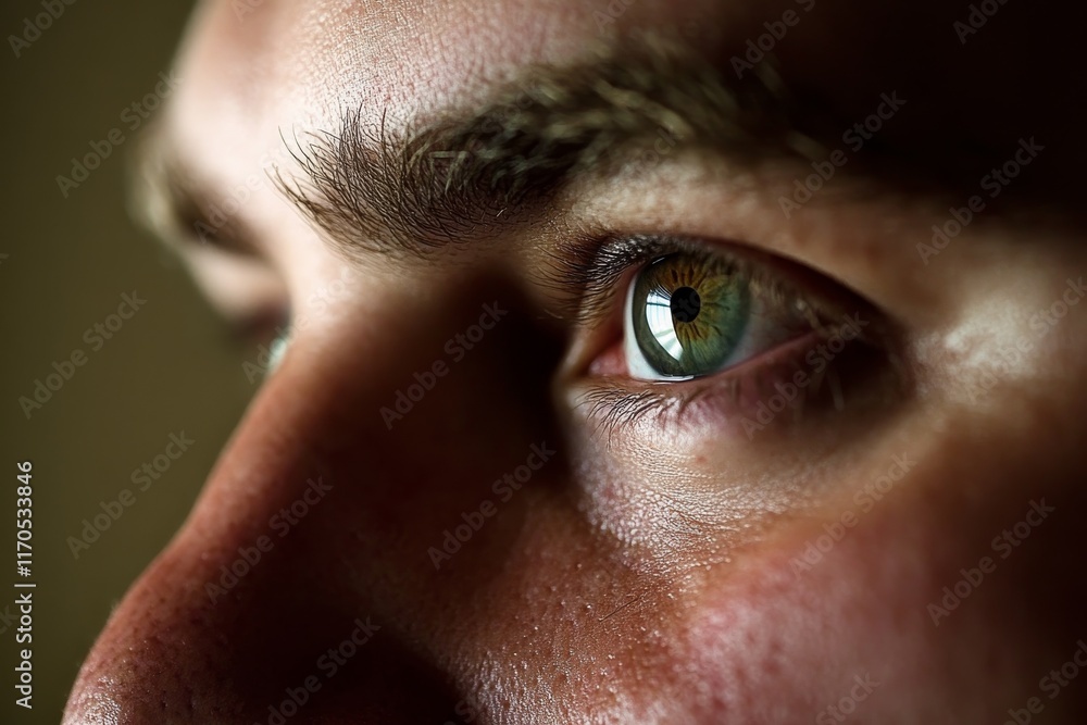 Poster a person with deep green eyes gazes softly, natural light illuminating their features while gentle s