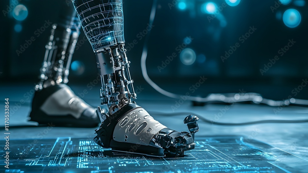 Poster futuristic design process where quantum computers simulate real time adjustments for prosthetic legs