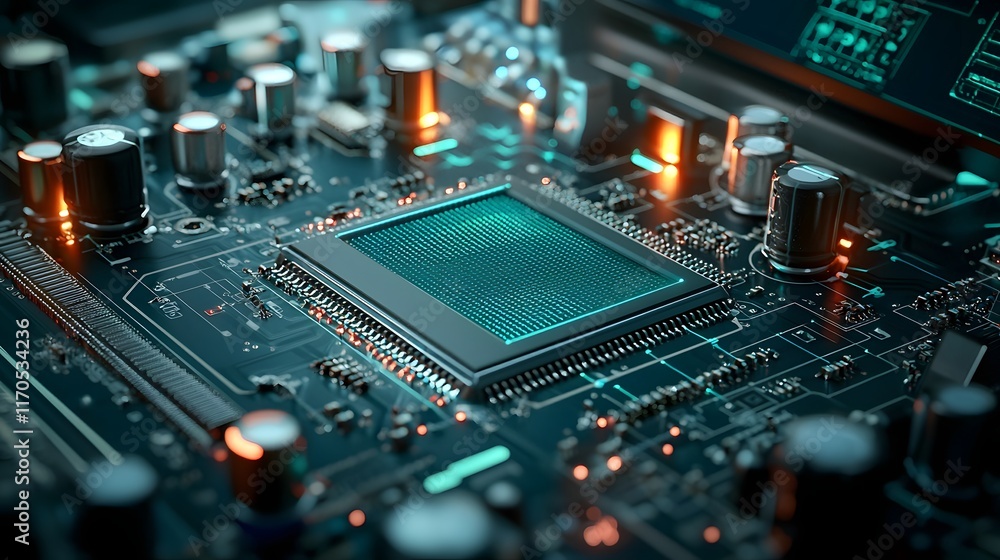 Poster quantum computing visualizing biofeedback mechanisms for innovative prosthetic devices with glowing 