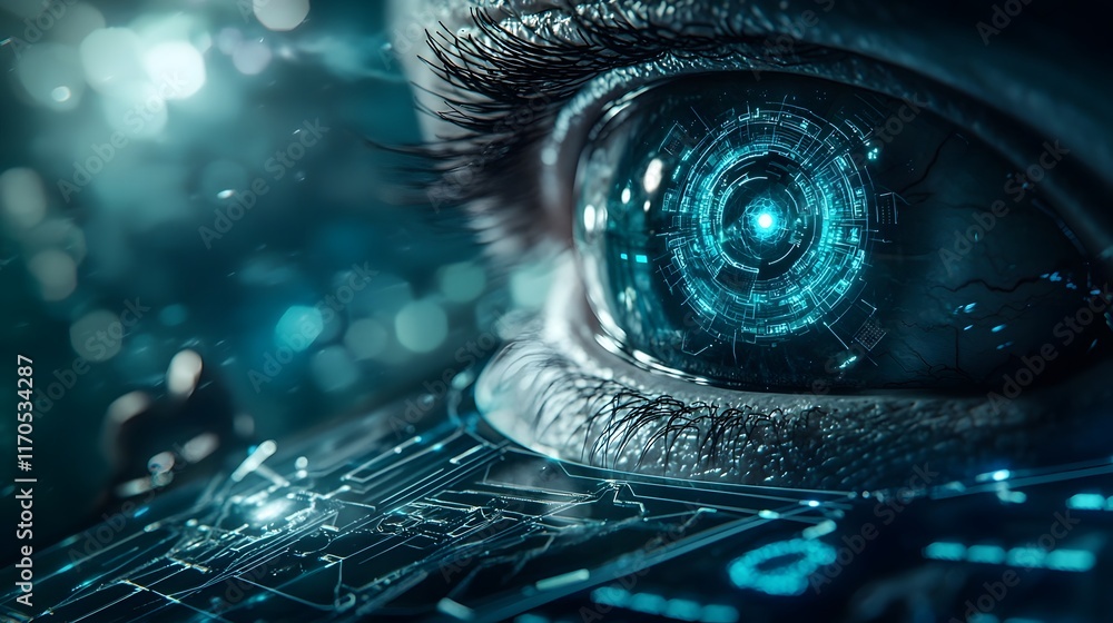 Poster futuristic prosthetic eye system analyzed by quantum computing with holographic displays of light pr