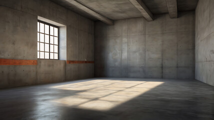 Empty room with a cement floor and textured concrete wall serves as background for a stock photo, illuminated by sunlight