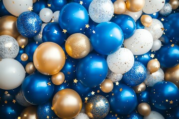 Blue, white, and gold balloons with confetti stars.