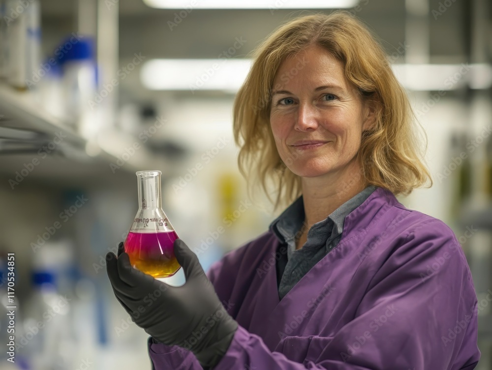Poster scientist conducts research in laboratory while holding colorful flask filled with solution