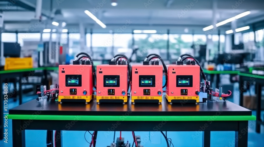 Poster industrial automation four red electronic units on a lab table in a modern factory setting