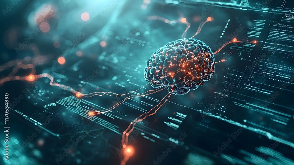 Poster a futuristic interface displaying glowing neural pathways and feedback loops visualizing quantum alg