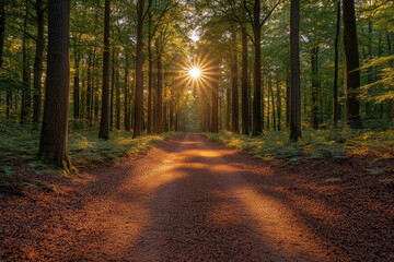 Obraz premium Sun starburst over dirt road in forest at sunrise.