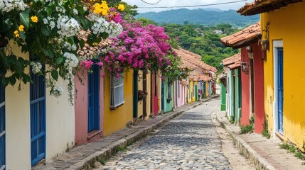 Fototapeta premium Charming narrow cobblestone street adorned with vibrant flowers in a historic village