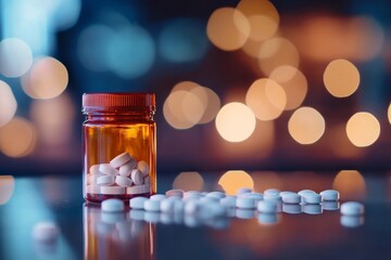 A close-up shows a pill bottle with scattered tablets on a reflective surface, highlighting concerns about addiction and the opioid crisis