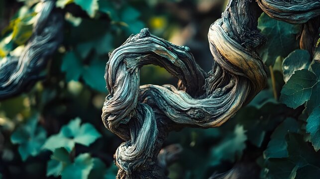 Close-up view of an old, gnarled, twisted vine with green leaves in the background
