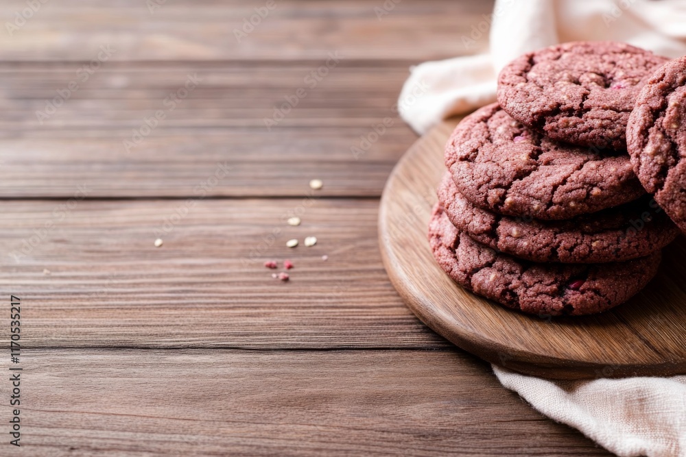 Aufkleber a stack of raspberry oatmeal cookies rests on a wooden plate, surrounded by scattered crumbs on a so