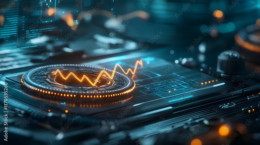 Poster Futuristic quantum computing interface visualizing dynamic 3D trigonometric graphs with glowing sine and cosine curves leaving copy space at the bottom for design or text overlay