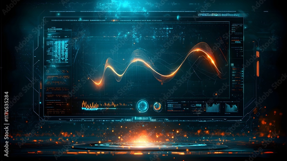 Poster futuristic quantum computing interface visualizing 3d trigonometric graphs with glowing sine and cos