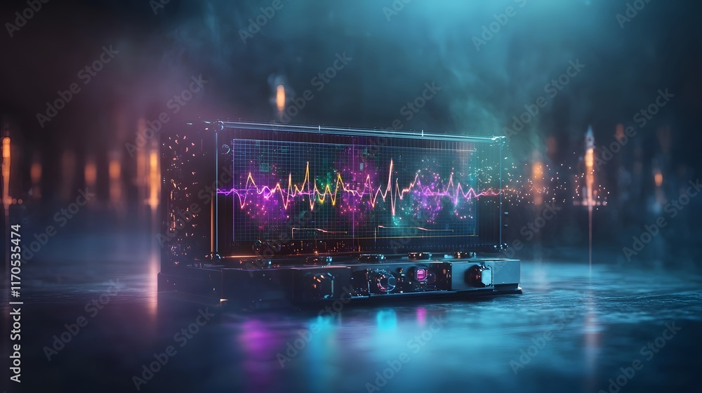 Poster holographic quantum computer projecting vibrant and dynamic trigonometric waveforms with animations 