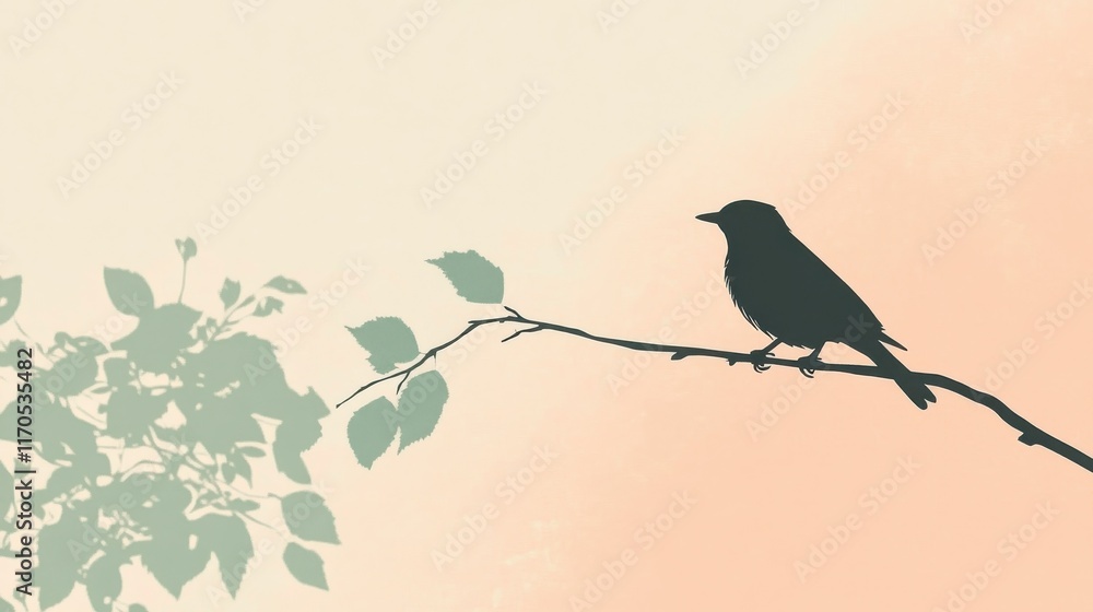 Poster minimalist silhouette of a bird perched on a branch against a pastel background during twilight
