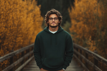 Obraz premium A handsome man wearing glasses and a dark green hoodie stands on a wooden bridge in an autumn forest.