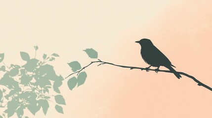 Fototapeta premium Minimalist silhouette of a bird perched on a branch against a pastel background during twilight