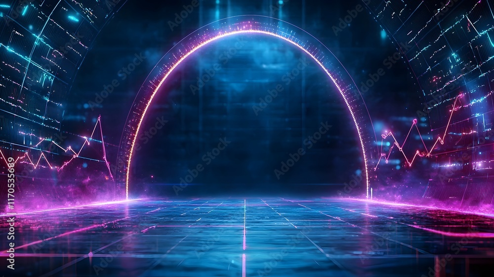 Poster futuristic quantum computing interface visualizing vibrant 3d trigonometric graphs with glowing sine