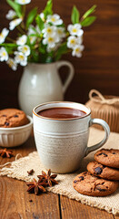 Fototapeta premium Spring-themed setting with a hot chocolate in a ceramic mug