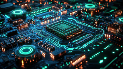 Fototapeta premium Close-up of futuristic circuit board with glowing CPU.