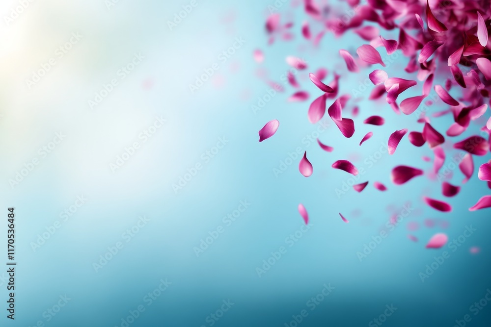 Poster vibrant pink petals float against a soft pastel blue, creating a serene, delicate scene with ample c