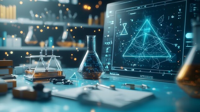 A virtual lab where quantum algorithms solve complex trigonometric equations surrounded by animated holographic triangles and angular measurements leaving copy space on the right