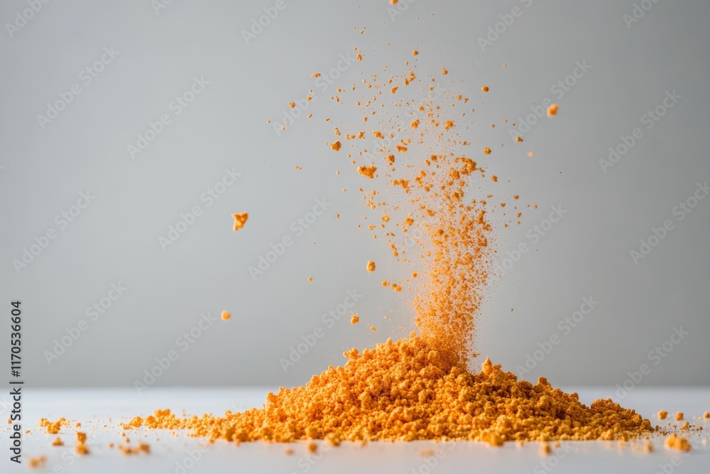 Aufkleber Golden powder bursts through the air, creating a stunning visual against a bright white backdrop, perfectly highlighting light and motion in a dynamic display