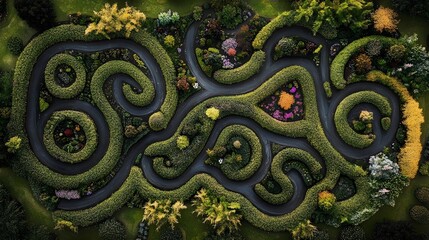 Aerial View of a Winding Garden Maze with Colorful Flowers and Lush Greenery