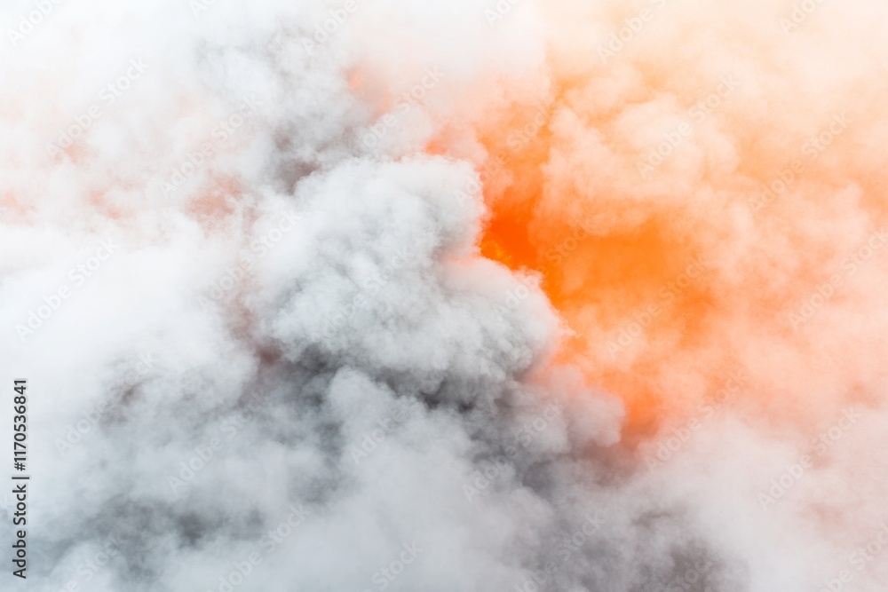 Fototapete Dynamic freeze-frame captures a vivid explosion featuring bright orange flames and swirling gray smoke, providing an intense visual effect with ample copy space