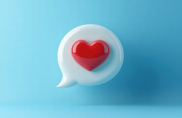 3D realistic white message bubble with a red heart on a blue background. love concept for a social media post or banner template design for Valentine's Day.