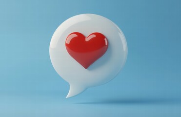 3D realistic white message bubble with a red heart on a blue background. love concept for a social media post or banner template design for Valentine's Day.