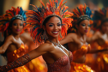 Vibrant samba dancers perform at Rio Carnival, showcasing Brazil's rich cultural heritage