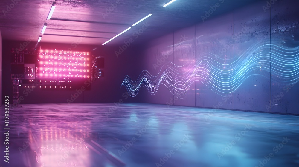 Poster quantum computing showcasing trigonometric principles in wave mechanics with holographic sine wave v