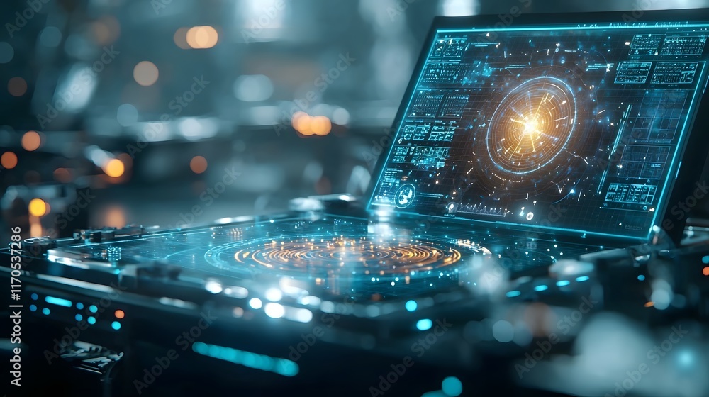 Poster glowing quantum interface displaying a sleek 3d model of unit circles and their trigonometric functi